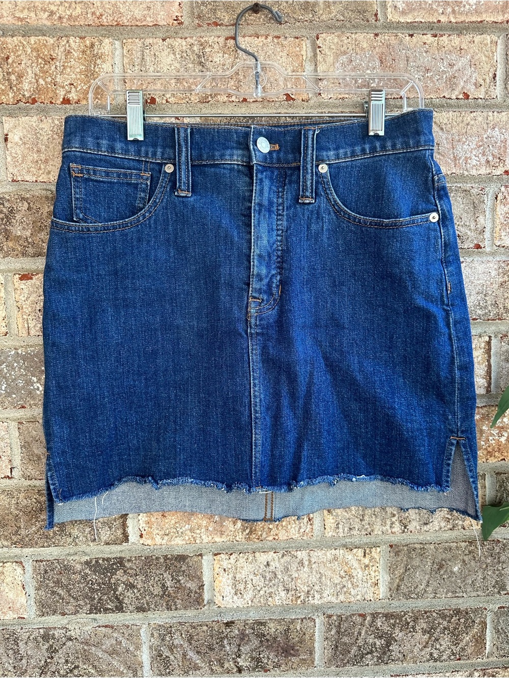 Madewell Dark Blue Denim Mini Skirt with Frayed Raw Hem